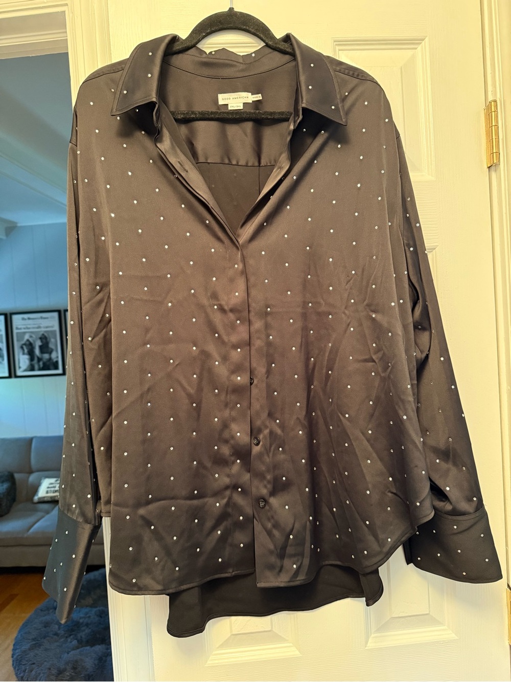 Good American Black Button-Down Shirt with White Dot Accents